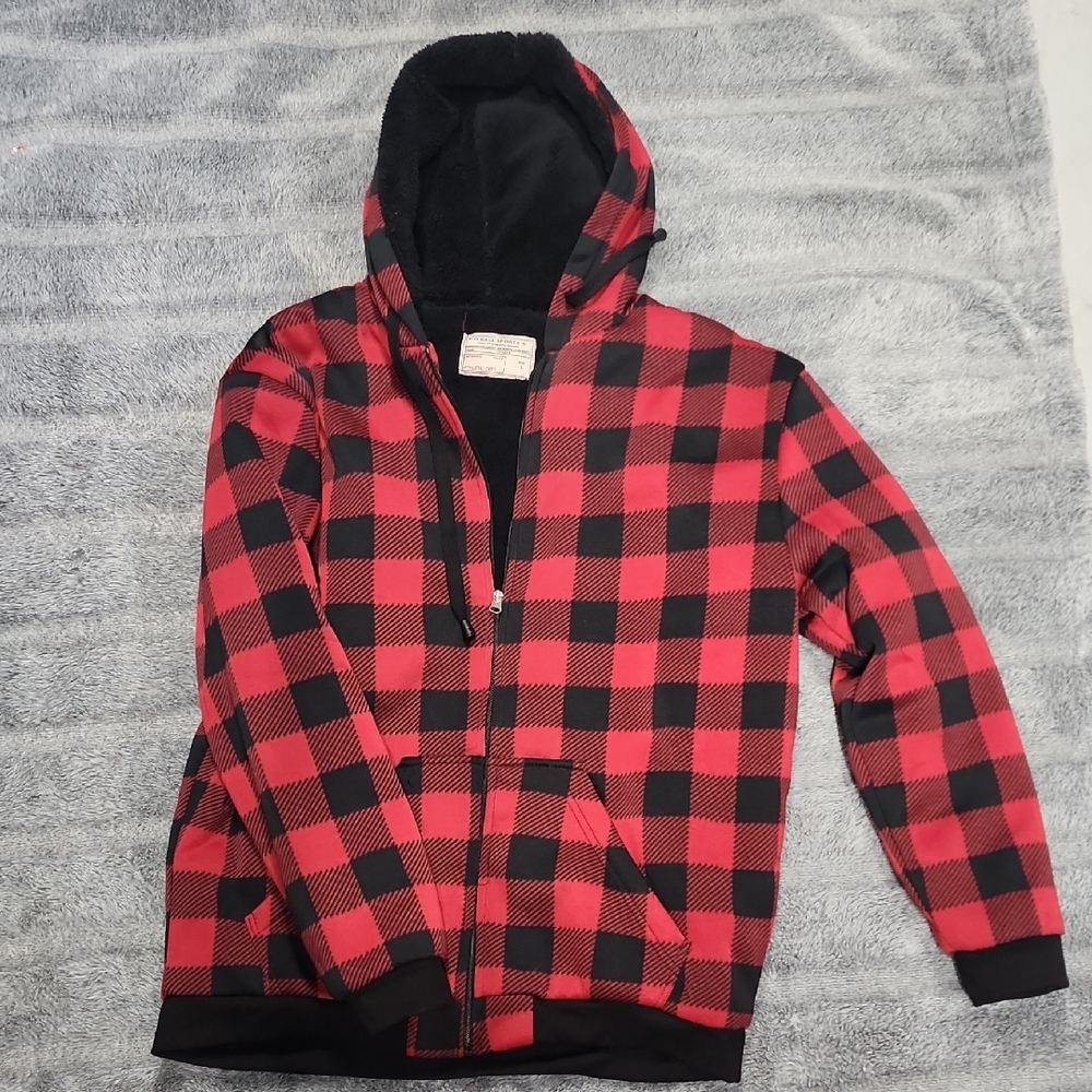 Red and Black Plaid Hooded Jacket